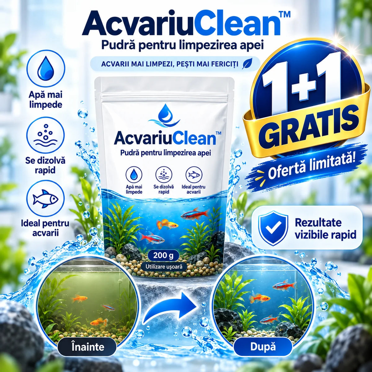 (1+1 GRATIS) AcvariuClean™ – Pudră pentru curățarea și limpezirea apei din acvarii