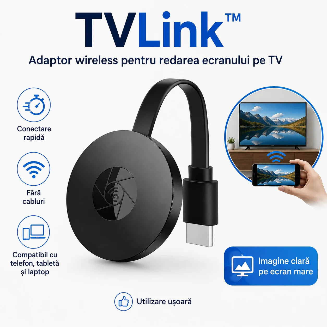 TvLink™ – Ecranul telefonului direct pe televizor sau proiector, fără cabluri