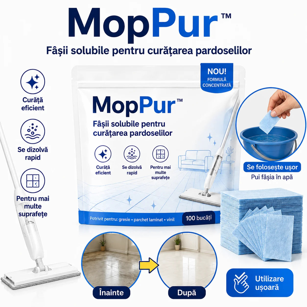 MopPur™ – Fâșii solubile pentru curățarea rapidă a pardoselilor