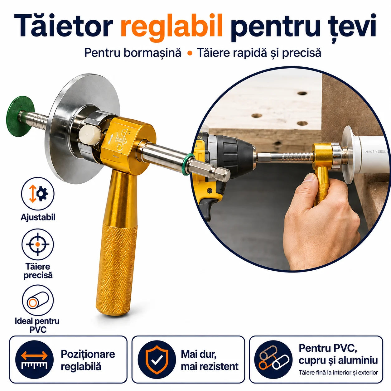 Dispozitiv pentru tăiat rapid țevile direct cu bormașina, fără efort și fără unelte complicate