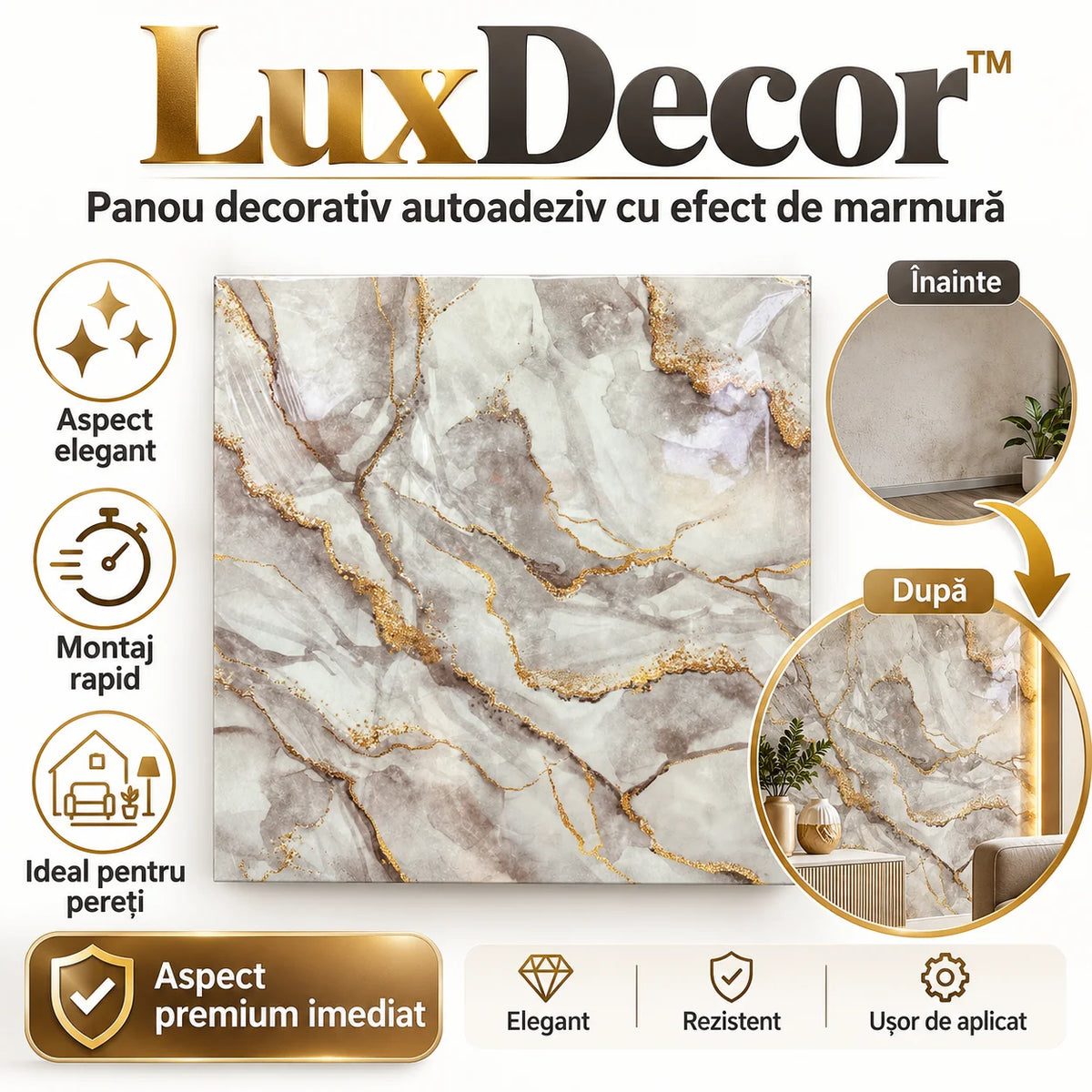 Panouri autoadezive decorative cu efect de marmură pentru renovare rapidă - LuxDecor™