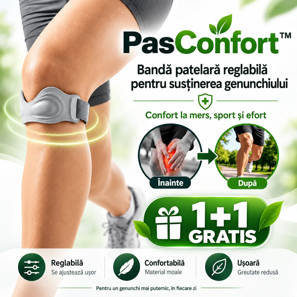 (1+1 GRATIS) PasConfort™ – Susținere reglabilă pentru genunchi, la fiecare pas