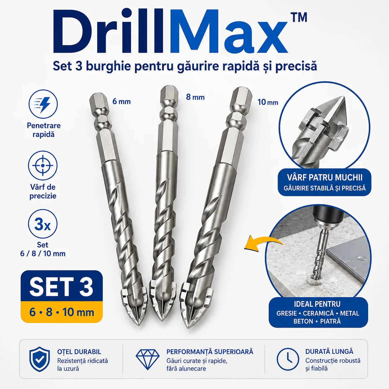 DrillMax™ – Set 3 Burghie pentru Găurire Rapidă și Precisă