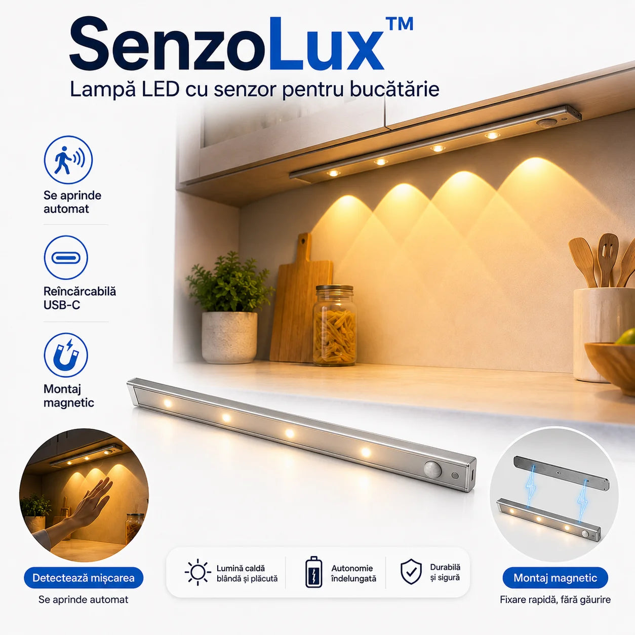 SenzoLux™ – Lampă LED cu senzor de mișcare, reîncărcabilă și magnetică