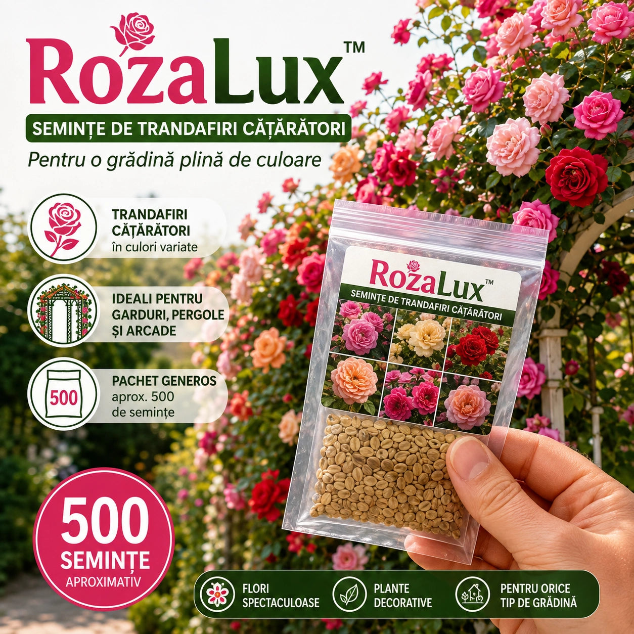 RozaLux™ – Semințe de trandafiri cățărători pentru garduri, pergole și arcade